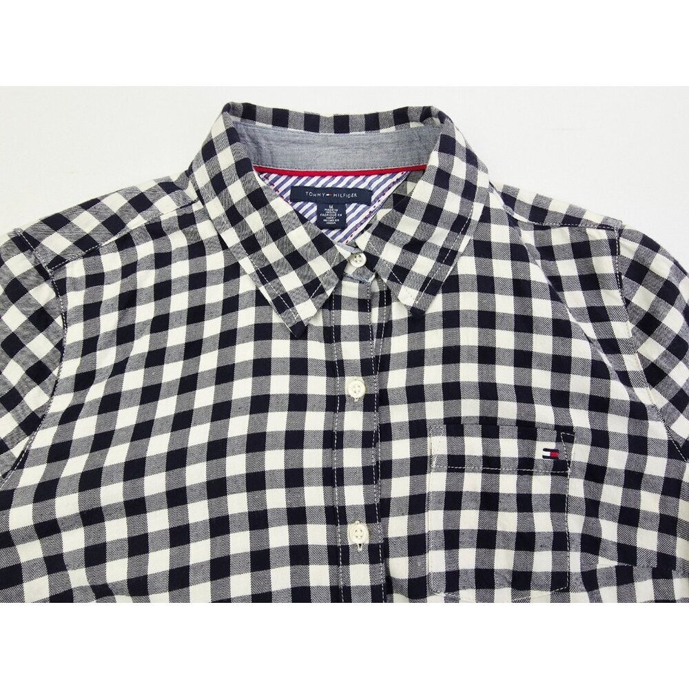 Tommy Hilfiger Medium Womens Navy White Lightweight Flannel Logo Cotton Shirt